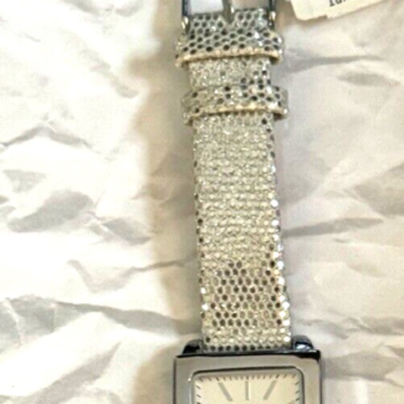 Anne Klein Women Silver Glitter Sparkle Square Bezel Watch Leather Band NWT - Picture 8 of 13